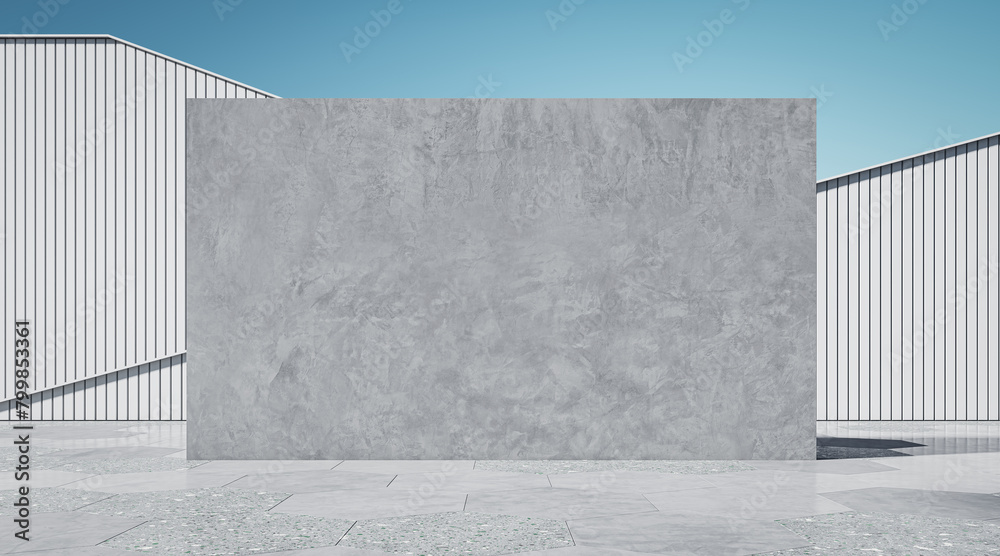 Poster abstract light exterior with empty concrete mock up wall and blue sky background. 3d rendering.