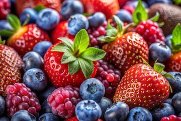 Obraz premium Macro Shot of Fresh Berries: A close-up image showcasing luscious, ripe berries like strawberries, blueberries, or raspberries, highlighting their plumpness and natural sweetness. 