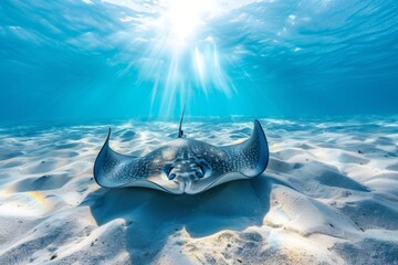 sting ray swimming on the seabed. under the deep blue sea. - obrazy, fototapety, plakaty