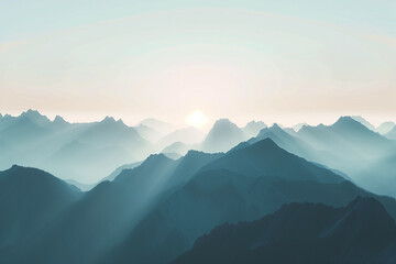 breathtaking scene of mountain silhouettes stretching across the horizon, set against a pristine white sky with subtle light filtering through, creating a mesmerizing vista that sp