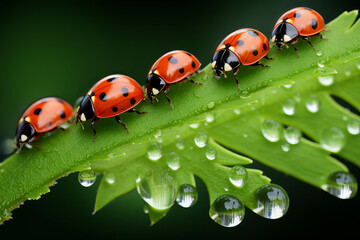 Obraz premium Group of ladybugs on a green branch after rain, water droplets visible, soft focus on the natural environment around
