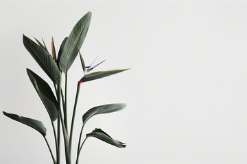 elegant composition featuring the Strelitzia birds of paradise plant, a rare and endangered species, captured in perfect focus with minimalist precision against a white backdrop, h