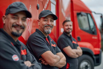 Three delivery drivers and courier truck