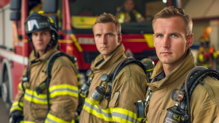 Fototapeta premium Three firefighters stand in front of a fire truck