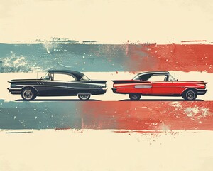 Fathers day card mockup, Two classic vintage cars in contrasting colors presented side by side against a textured backdrop with a retro Americana vibe.