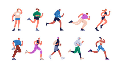 Active runners set. Joggers jogging in sportswear. Healthy men and women running, training, exercising. Sports characters in cardio workout. Flat vector illustration isolated on white background