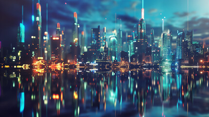 A future city model full of imagination at night, a sci-fi style alien planet city, a future city with water transportation - obrazy, fototapety, plakaty