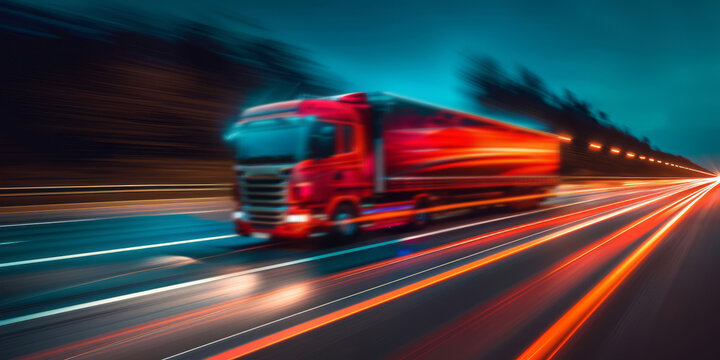 High-speed photography captures a red truck driving on the highway with motion blur during night time.