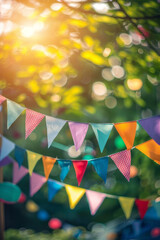 A colorful bunting banner serves as a party and celebration background with a bokeh light effect, featuring yellow, red, blue, green, orange, and purple as well as white tones