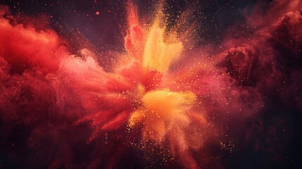 A red and yellow powder explosion occurs against a dark background.