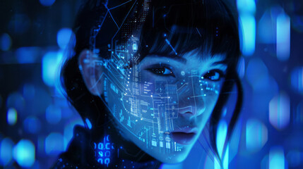 A beautiful woman with an interface on her face is surrounded by digital data and holographic displays in blue tones against a dark, futuristic background.