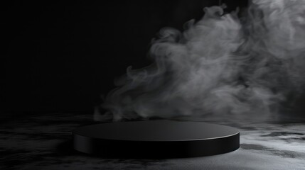 A black podium with smoke creates a minimalist scene for product presentation, featuring a round pedestal in a foggy or cloudy environment.