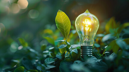 Green renewable energy innovation light bulb with future sustainable industry concept  - obrazy, fototapety, plakaty