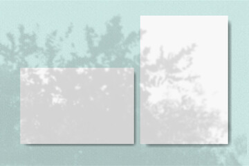 Horizontal and vertical sheets of white textured paper against a blue wall background. Natural light casts shadows from a branch of tropical plants. Mock up