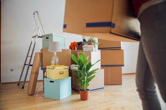 Woman carrying cardboard box in a new home