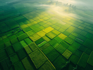 aerial view of green yellow paddy field with soft morning light and ray of light -ai