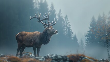 4K wallpaper of a majestic stag standing in early morning mist