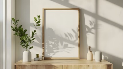 Mock up poster frame on cabinet in interior.3d rendering, Mock-up interior with dresser and decoration. 3d render illustration mockup, Loft style Living room and green wall sofa mock up Ai generated  - obrazy, fototapety, plakaty