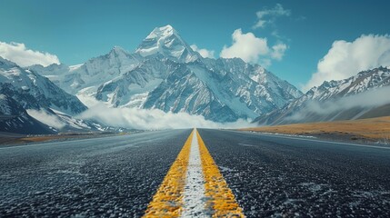 Seamless journey on an asphalt highway, perfectly symmetrical, leading to a breathtaking mountain vista