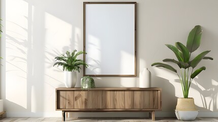 Mock up poster frame on cabinet in interior.3d rendering, Mock-up interior with dresser and decoration. 3d render illustration mockup, Loft style Living room and green wall sofa mock up Ai generated 