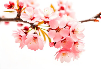 A close-up of a pink cherry blossom branch on a white background
