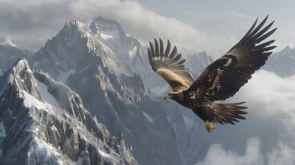 Golden eagle landing on a craggy mountain peak, sharp 4K wallpaper