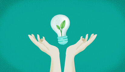 Hands with leaf in light bulb against green background