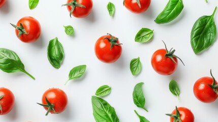 Ripe red tomatoes with green leaves on white background, fresh organic produce for healthy cooking