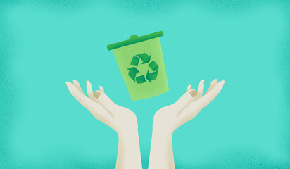 Hands with recycling garbage can against turquoise background