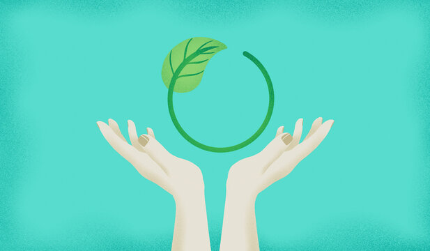 Hands with leaf against turquoise background