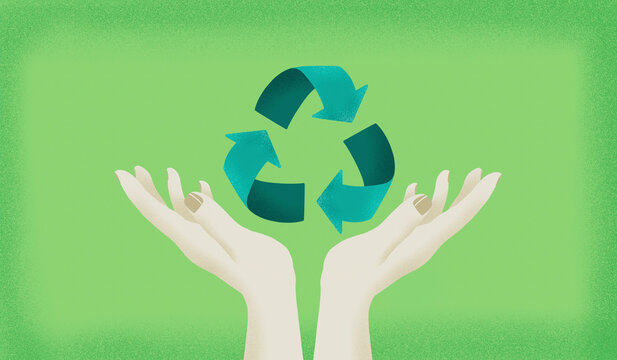 Hands recycling icon against green background