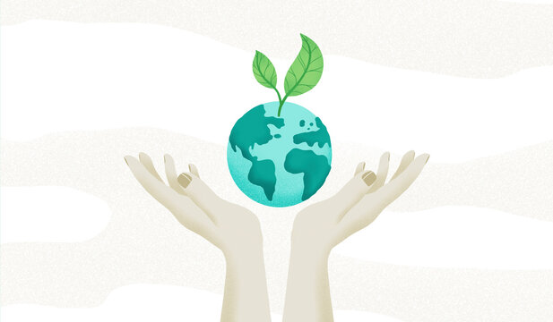 Hands with leaf on planet earth against white background