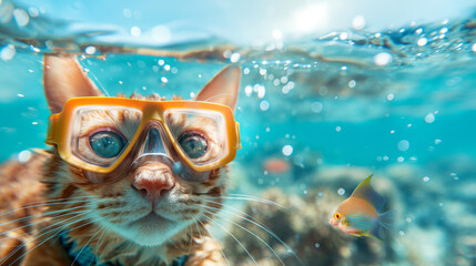 A cat wearing a snorkel is swimming in the ocean next to a small fish