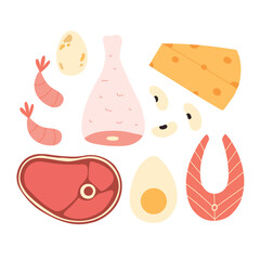 High protein foods. Macronutrients. Set of protein-rich foods.Vector illustration.