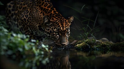 leopard, black background, mossy ground, water reflection, night time, cinematic, wildlife photography in the style of National Geographic