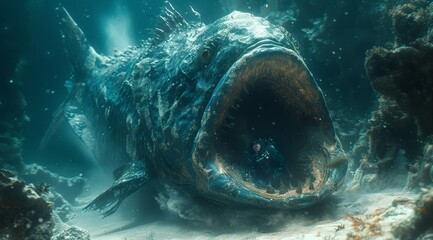 Giant monstrous abysmal fish with open mouth and by a diver