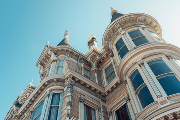 A majestic Victorian mansion with intricate detailing and towering turrets against a clear blue sky.