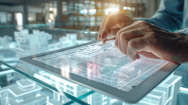 Architect reviewing a BIM model on a tablet at a modern glass table.
