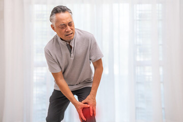 Sick unhappy senior adult elderly asian man touching her muscle injury leg suffering from muscles...
