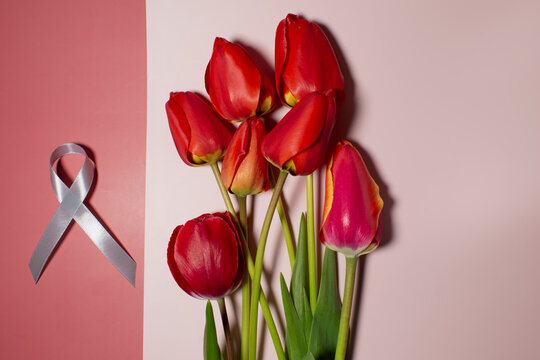 Red tulips and gray ribbon. Parkinson day concept