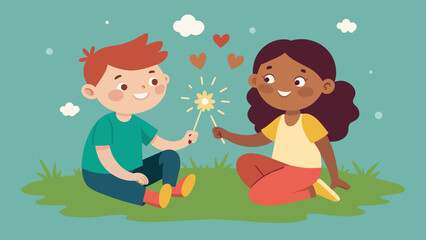 Two children sitting on the grass laughing together as they draw heart shapes with their sparklers.. Vector illustration