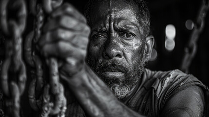 Close-Up of a Man Gripping Chains, Intense Emotional Expression