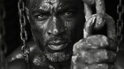 Close-Up of a Man Gripping Chains, Intense Emotional Expression