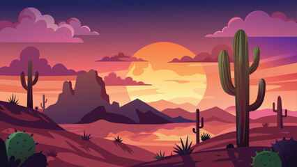 Fototapeta premium Majestic desert sunset with cacti and mountain backdrop, vector cartoon illustration.