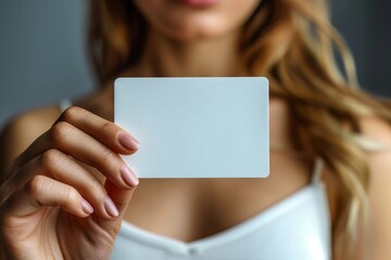 Close up shot of a blank white paper card mock up in a woman's hands. The girl holds and shows a blank card in front of her.