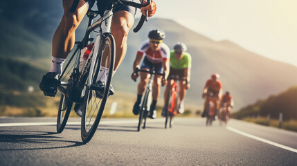 A group of cyclists with racing sports gear riding on an open road cycling route. Close-up