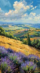 A provincial landscape, with oil paints highlighting the lush grassland and dense lavender fields - obrazy, fototapety, plakaty