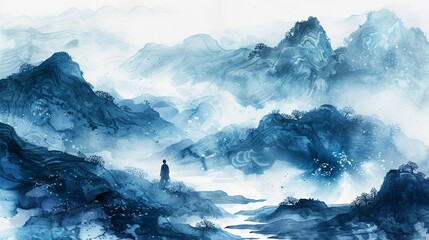 Alone in a sweeping blue ink landscape, a figure contemplates the serene Chinesestyle scenery