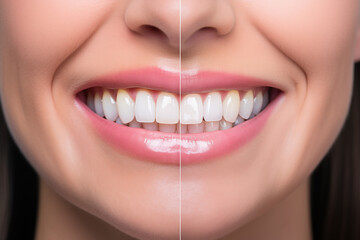 Cosmetic Dentistry: Before-and-after image of a patient's smile transformation through cosmetic dentistry procedures like teeth whitening and veneers
