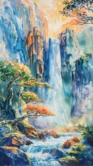 Pastel watercolors capture a majestic waterfall in a fantastical landscape, serene and enchanting